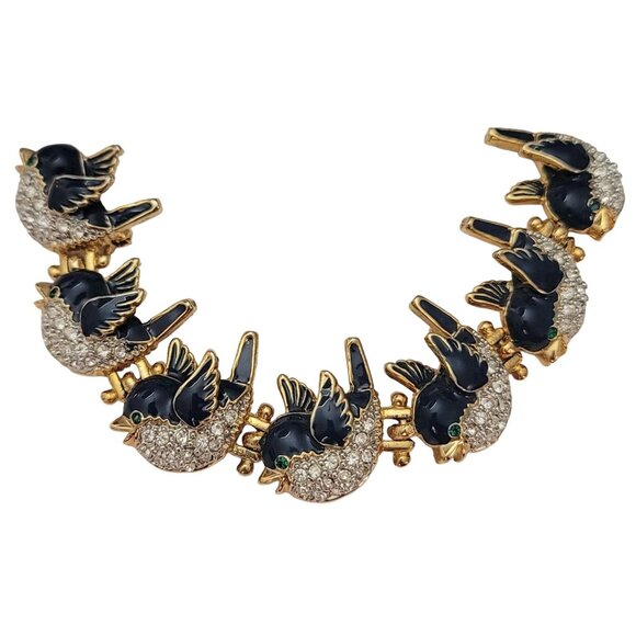 Gold Tone Blue Enamel Clear Rhinestone Blue Bird Links Shoulder Brooch E786 - Picture 5 of 8